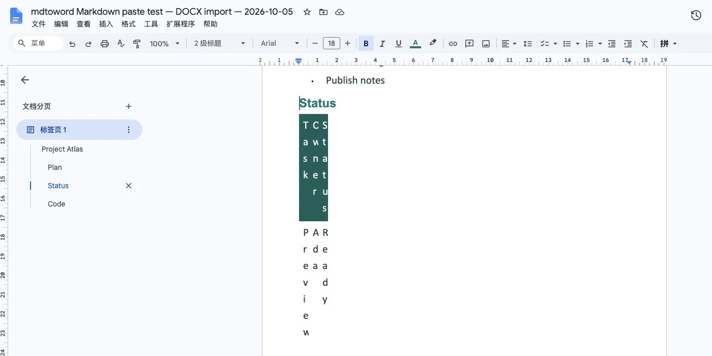 Our DOCX imported into Google Docs: three table columns collapse into a narrow strip and words wrap letter by letter