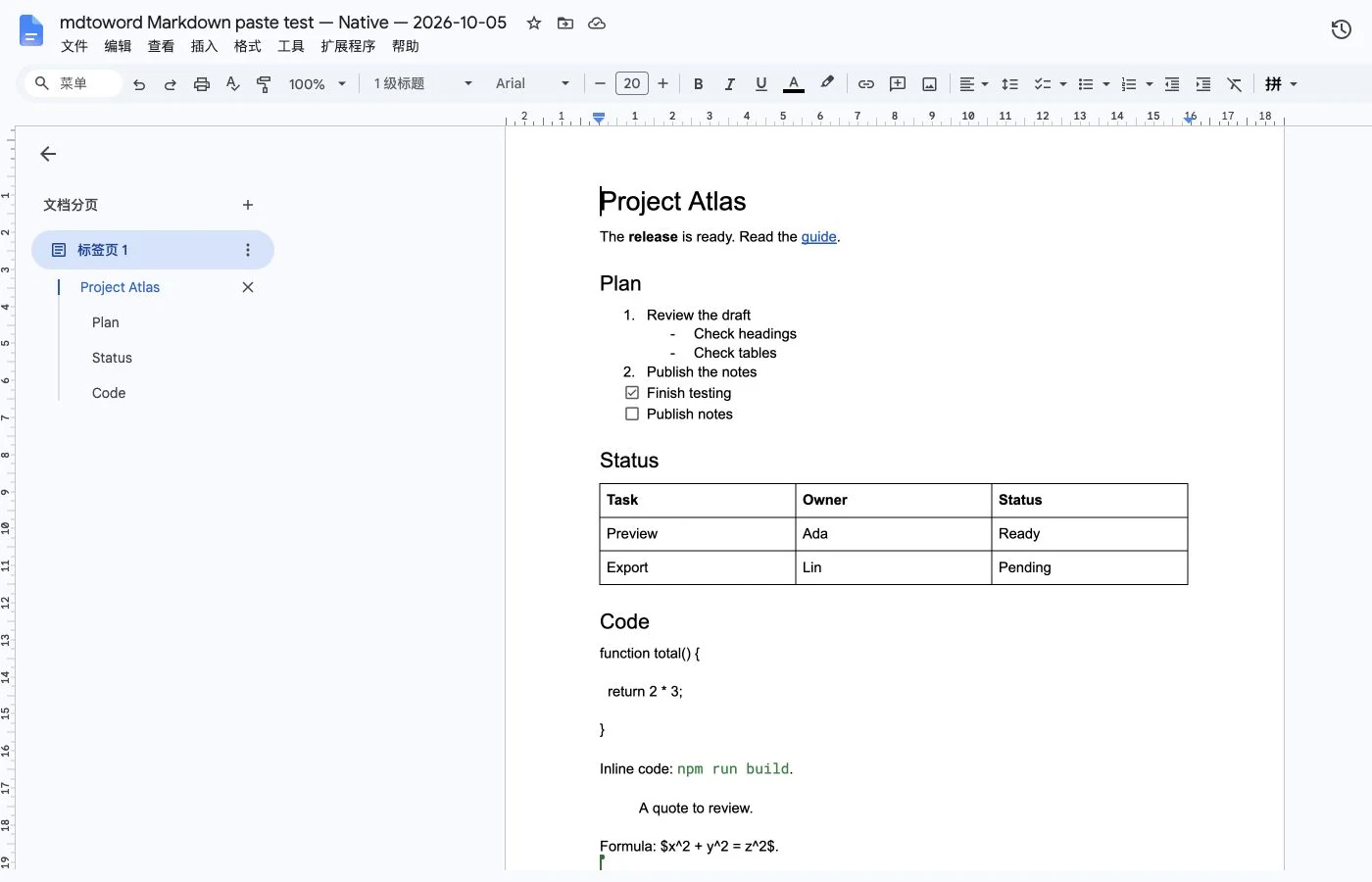 Native paste test: four headings in the Google Docs outline, nested lists and a three-column table; fenced code uses normal text styling
