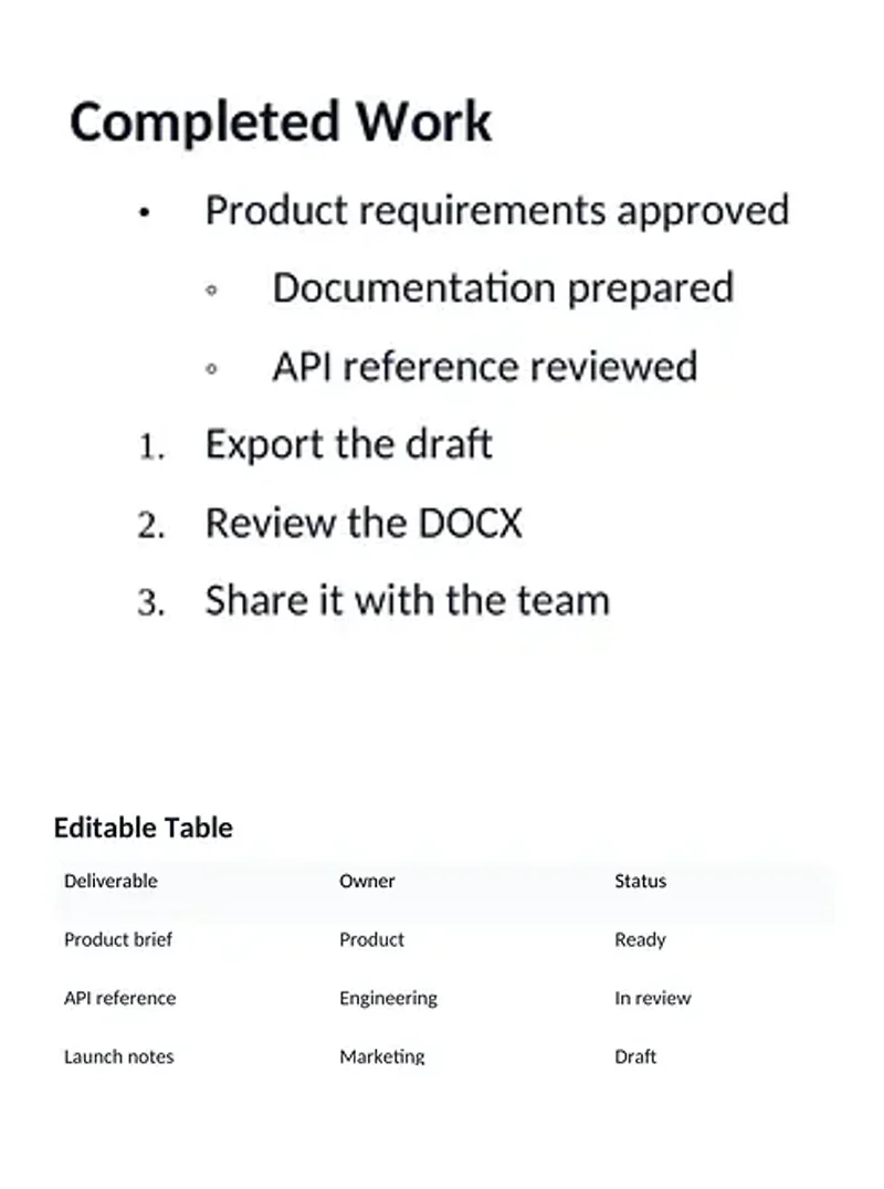 Editable Word lists and table converted from a Markdown file