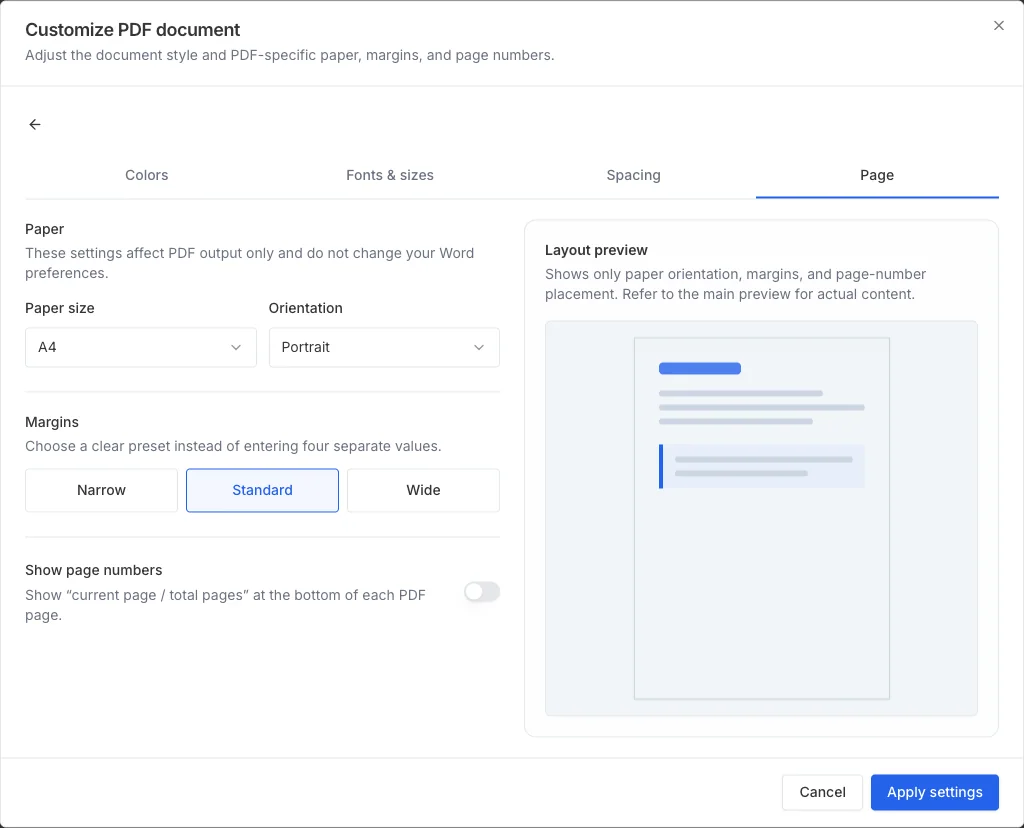 Markdown to PDF settings for paper size, orientation, margins, and page numbers