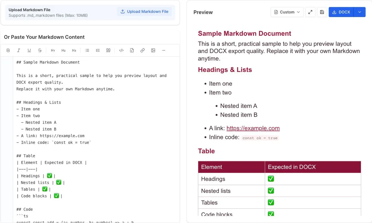 Markdown source and live Word document preview before DOCX download