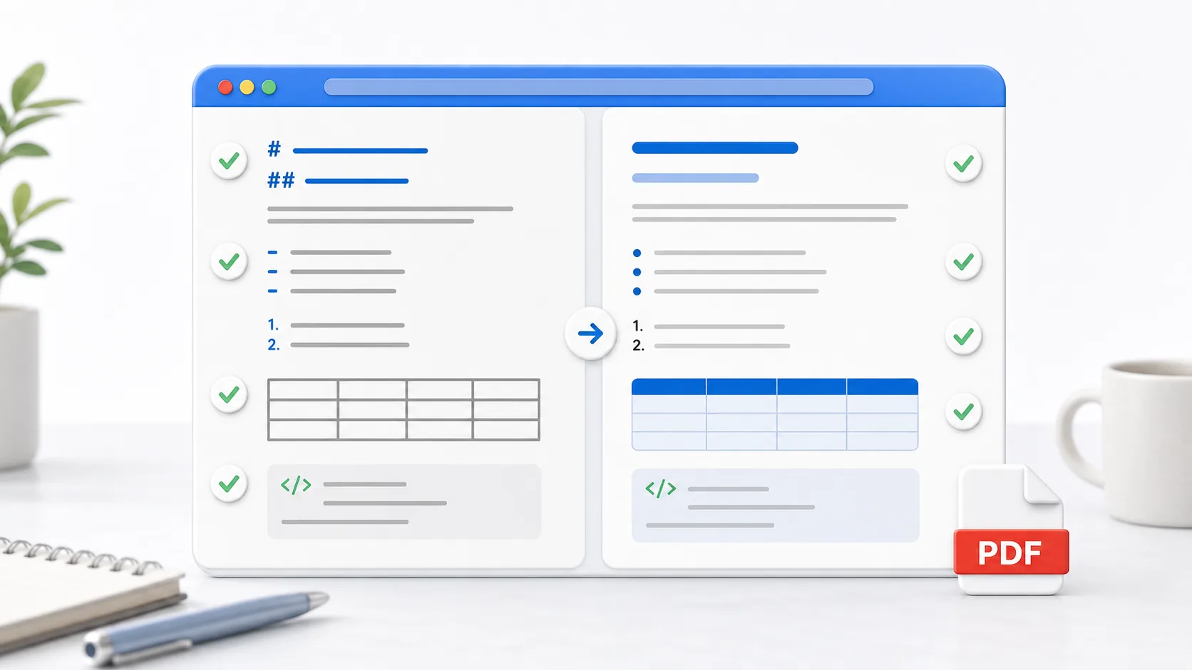 Side-by-side Markdown source and PDF preview with formatting checks for headings, lists, tables, and code